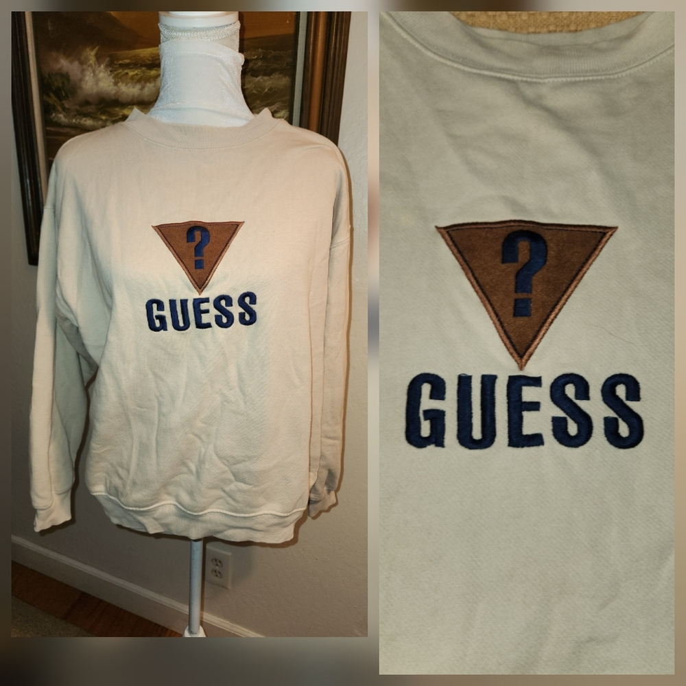 Vintage 1990s Beige Long-Sleeve Crewneck Pullover Guess Sweatshirt